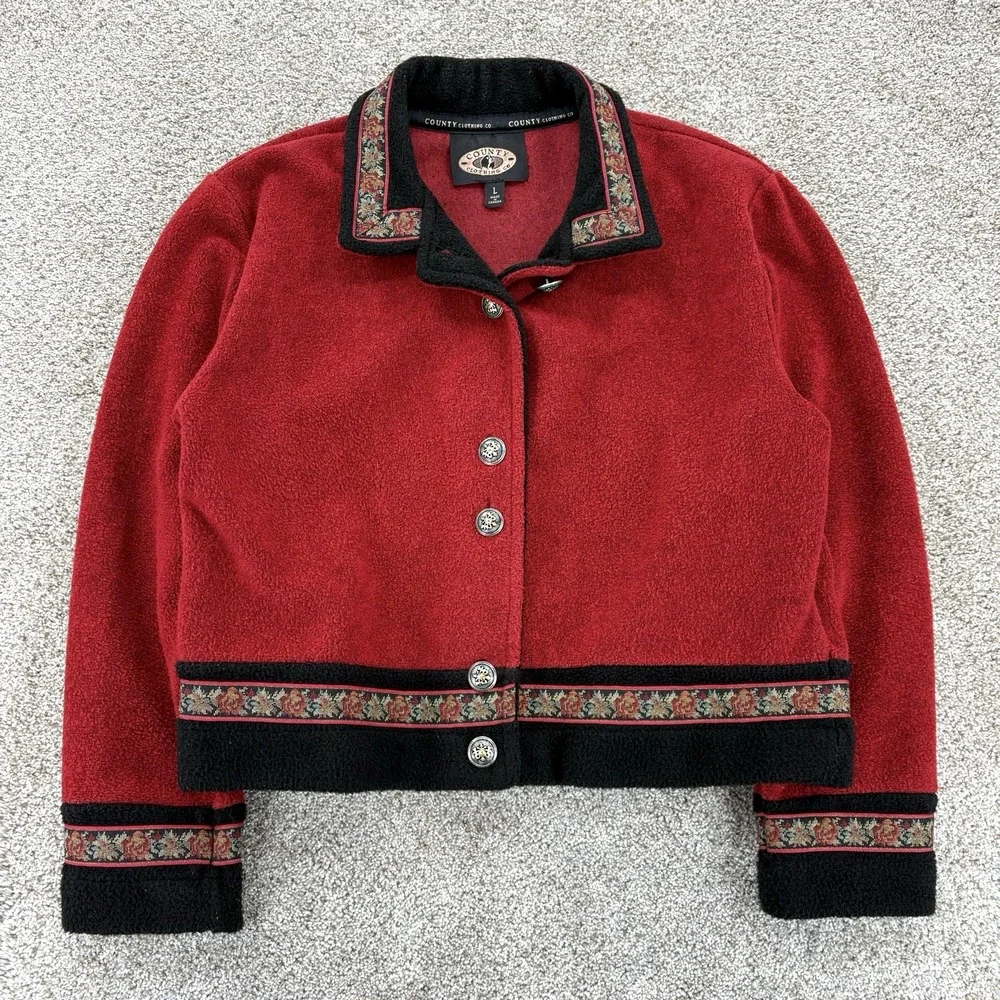 Vintage Country Clothing Fleece Coat Womens L Red Floral Canada Made Cottagecore